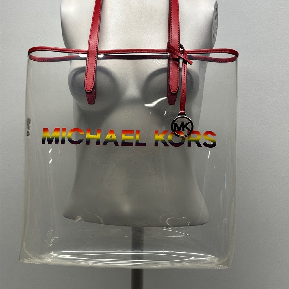 Micheal Kors The Michael Clear Vinyl Tote Bag Purse Rainbow Red Gold MK Large - Picture 2 of 8